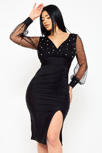 PEARL BEADED ON MESH WITH CONTRAST POWER SATIN MIDI DRESS