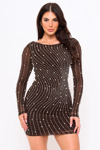 RHINESTONE TRIM WAVE WITH PEARL ON POWER MESH MINI DRESS