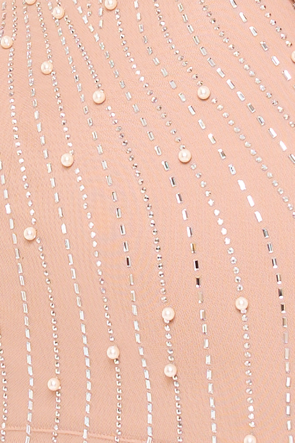 RHINESTONE TRIM WAVE WITH PEARL ON POWER MESH MINI DRESS