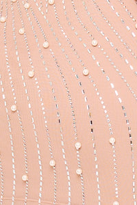 RHINESTONE TRIM WAVE WITH PEARL ON POWER MESH MINI DRESS