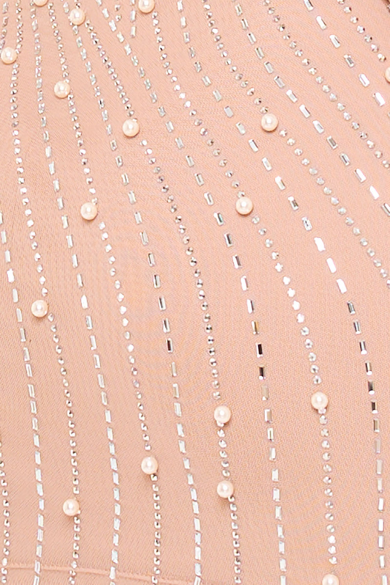 RHINESTONE TRIM WAVE WITH PEARL ON POWER MESH MINI DRESS