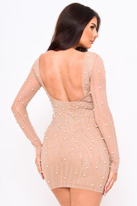 RHINESTONE TRIM WAVE WITH PEARL ON POWER MESH MINI DRESS
