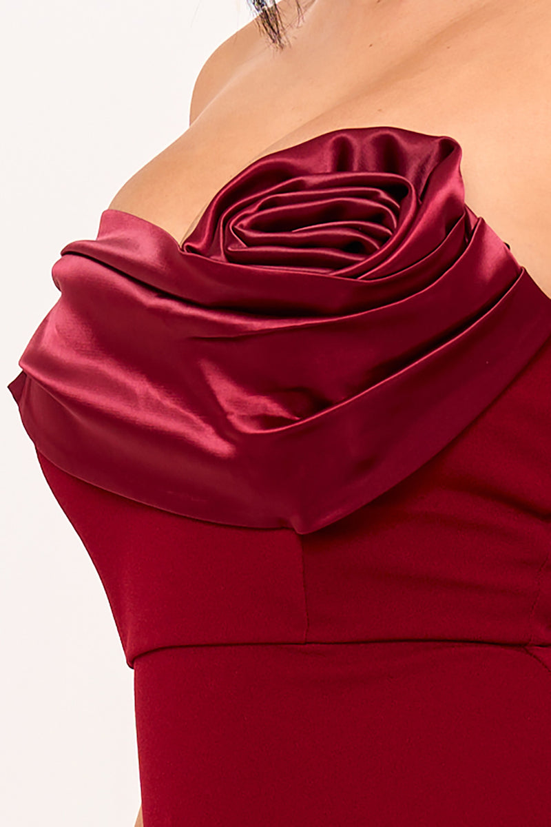 SATIN ROSE OFF THE SHOULDER MINI DRESS