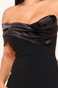 SATIN ROSE OFF THE SHOULDER MINI DRESS