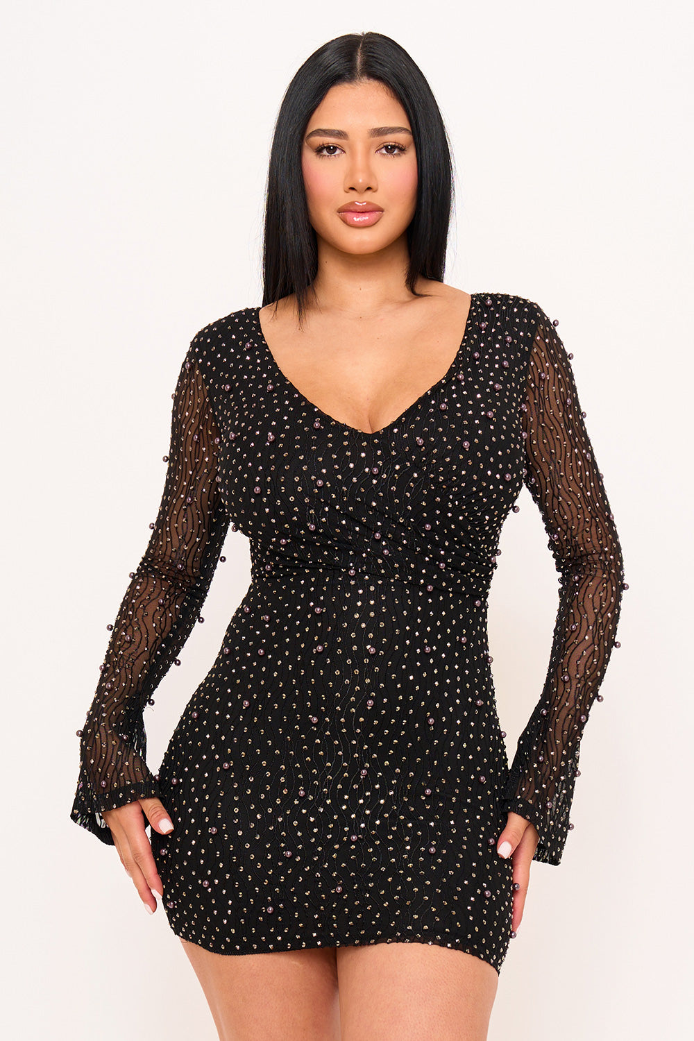 PEARL DETAILED WAVY MESH MINI DRESS