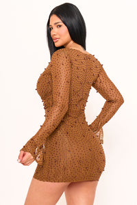 PEARL DETAILED WAVY MESH MINI DRESS