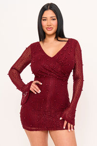 PEARL DETAILED WAVY MESH MINI DRESS