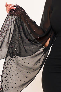 BEADED ON MESH DRAPED ONE SLEEVE MINI DRESS