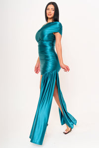 SHIRRING ON PEARL SATIN ONE SHOULDER MINI DRESS