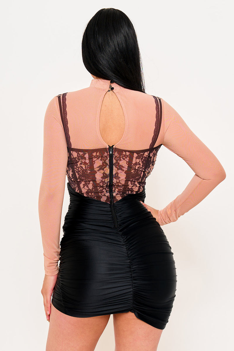 LACE PRINT ON MESH WITH SATIN CONTRAST MINI DRESS