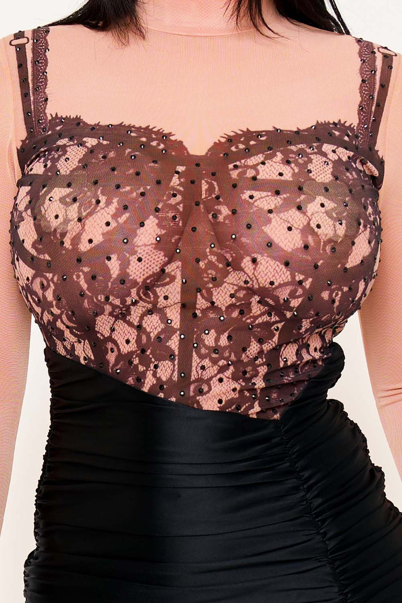 LACE PRINT ON MESH WITH SATIN CONTRAST MINI DRESS