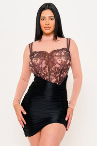 LACE PRINT ON MESH WITH SATIN CONTRAST MINI DRESS