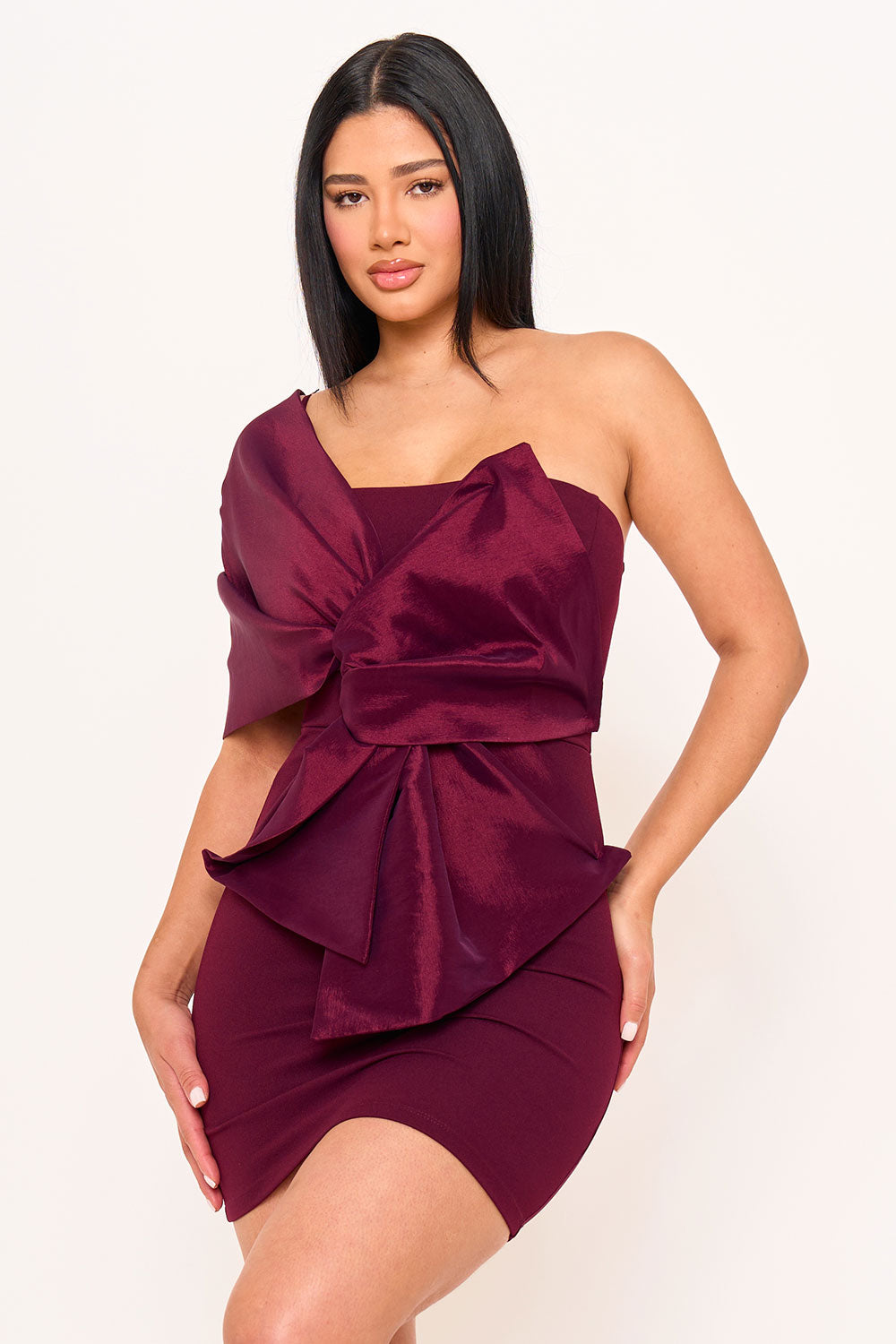 ONE SHOULDER TWIST TIE DETAIL FRONT MINI DRESS