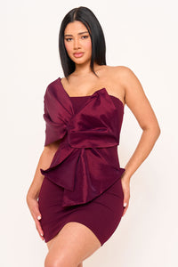 ONE SHOULDER TWIST TIE DETAIL FRONT MINI DRESS