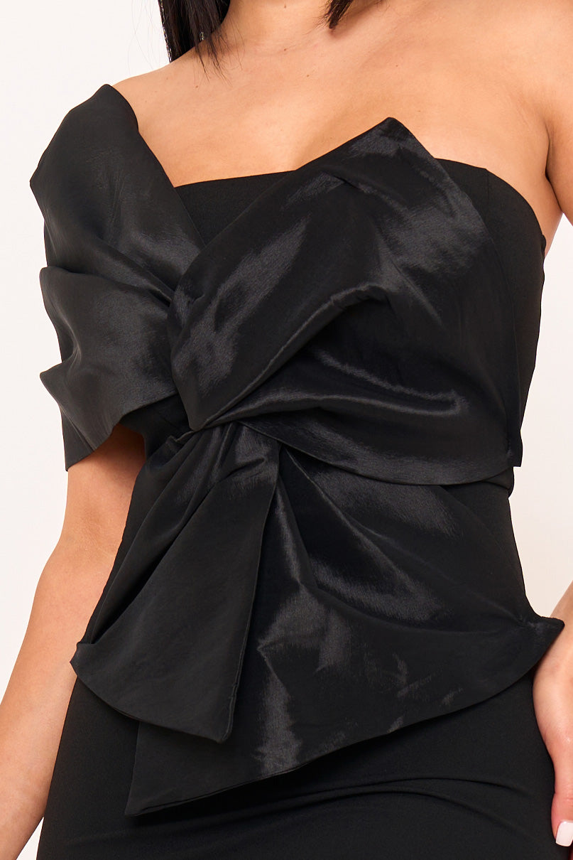 ONE SHOULDER TWIST TIE DETAIL FRONT MINI DRESS