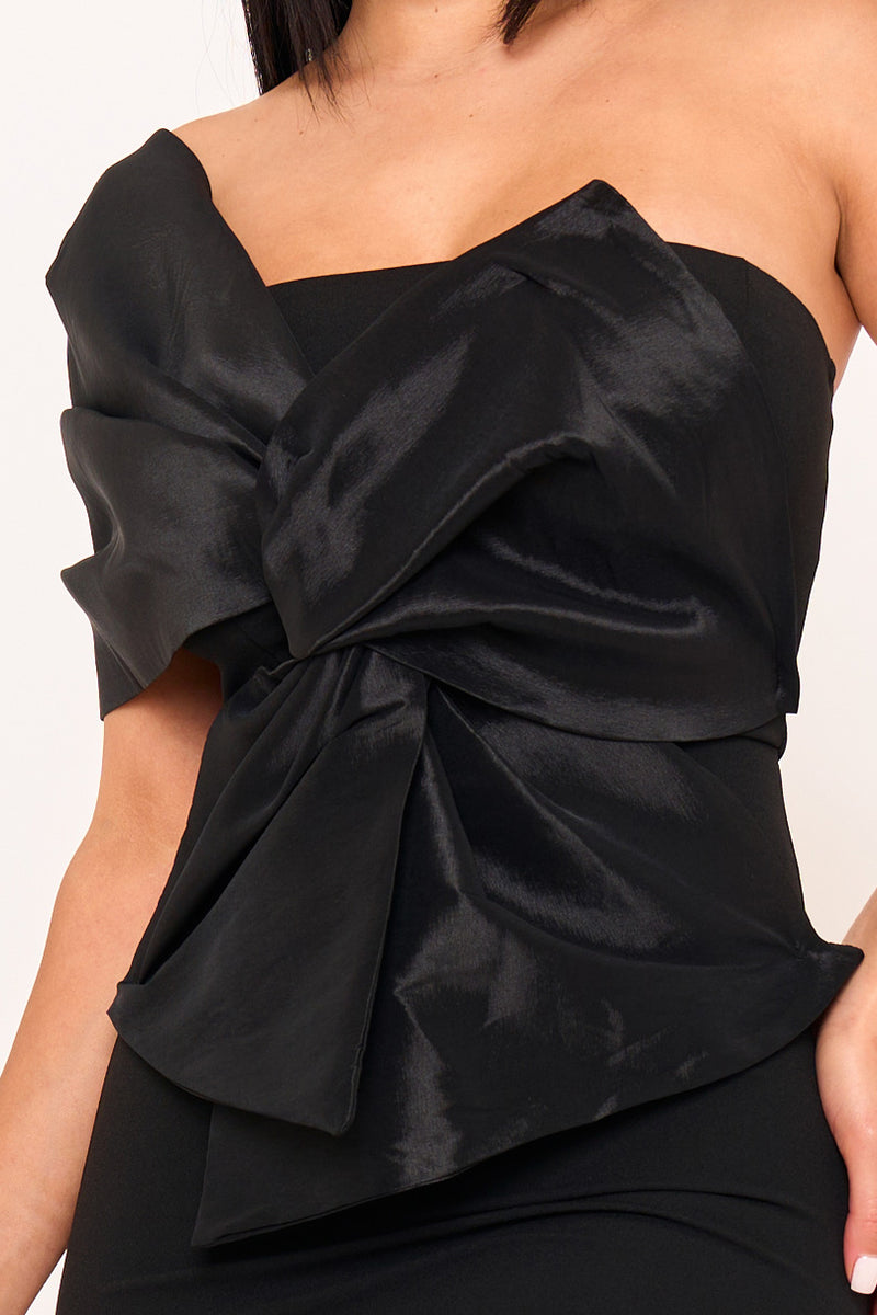 ONE SHOULDER TWIST TIE DETAIL FRONT MINI DRESS