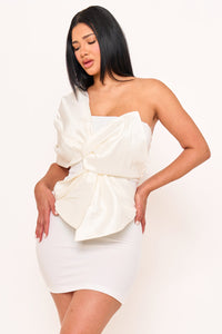 ONE SHOULDER TWIST TIE DETAIL FRONT MINI DRESS