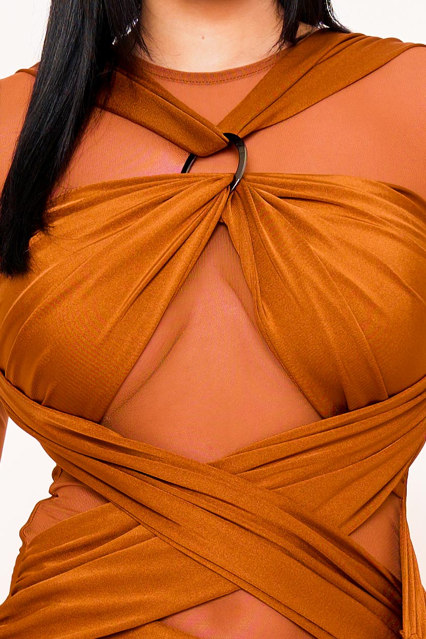 MESH CONTRAST WRAP MINI DRESS