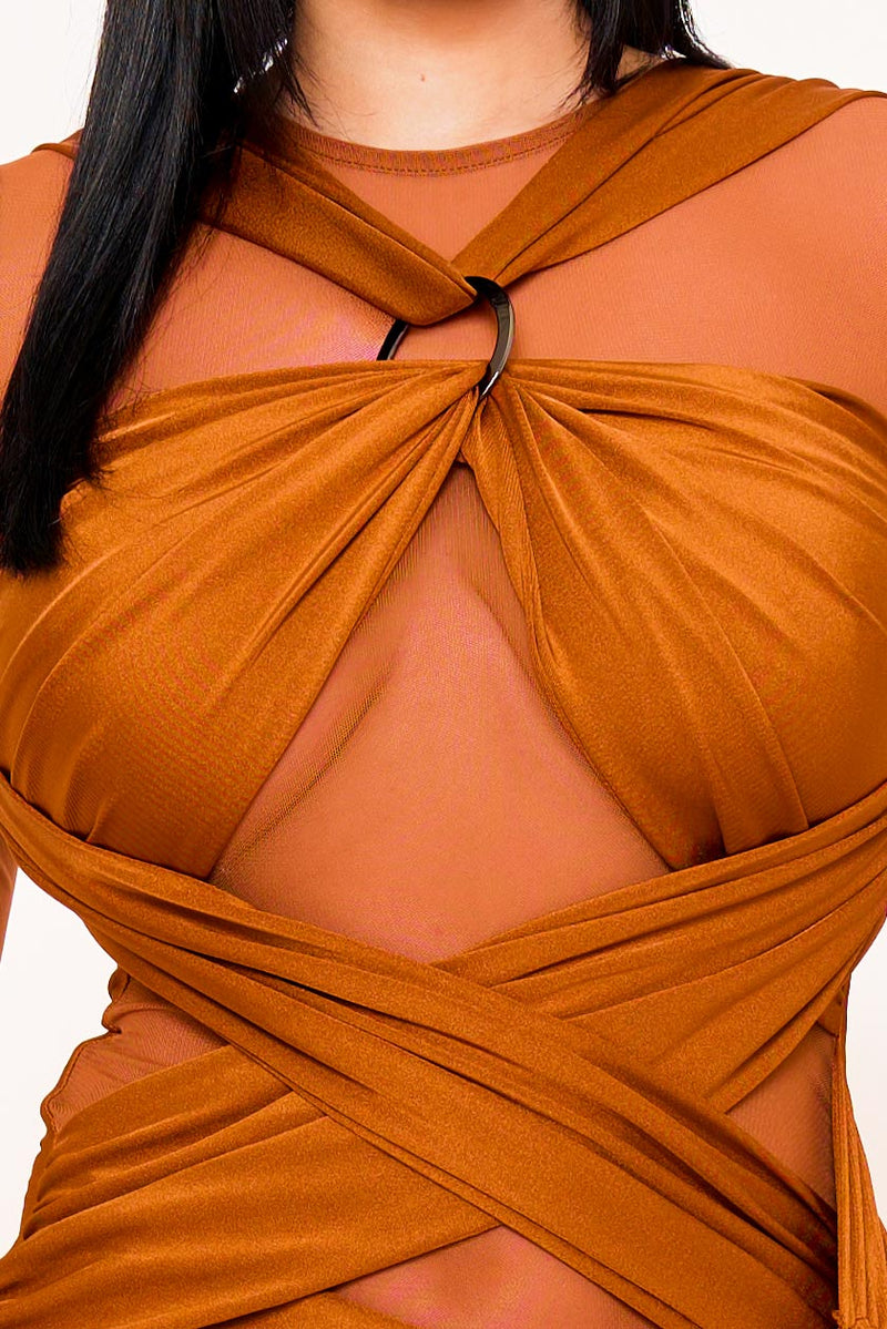 MESH CONTRAST WRAP MINI DRESS