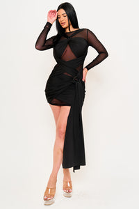 MESH CONTRAST WRAP MINI DRESS
