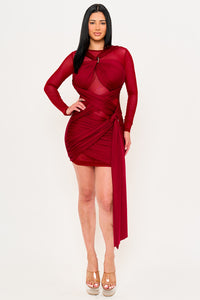 MESH CONTRAST WRAP MINI DRESS