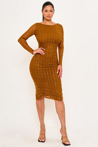 SQUARE RHINESTONE ON MESH MIDI DRESS