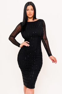 SQUARE RHINESTONE ON MESH MIDI DRESS
