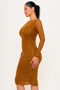 SQUARE RHINESTONE ON MESH MIDI DRESS