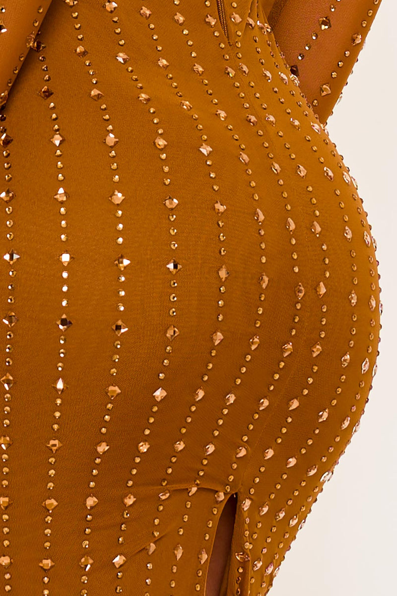 SQUARE RHINESTONE ON MESH MIDI DRESS