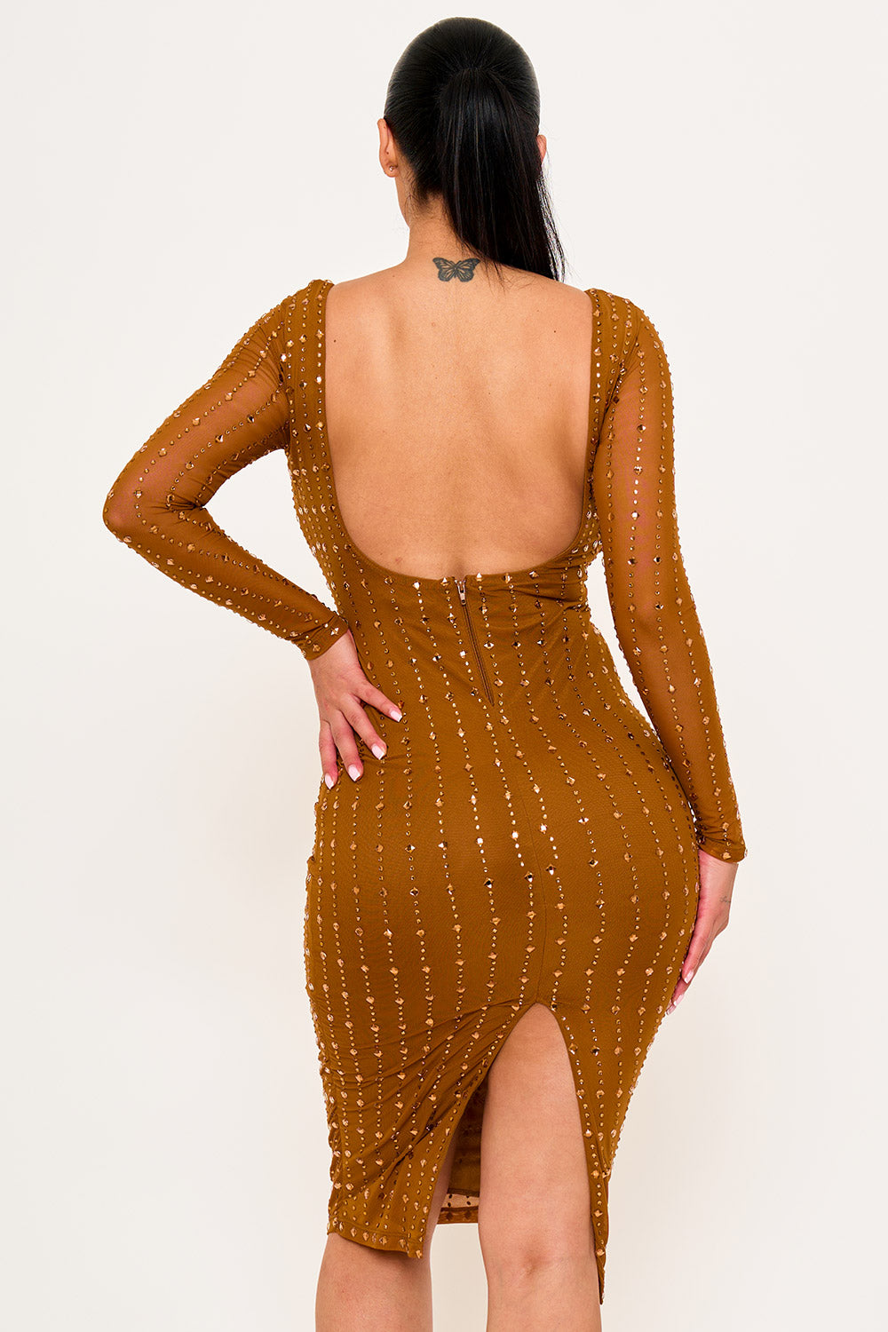 SQUARE RHINESTONE ON MESH MIDI DRESS