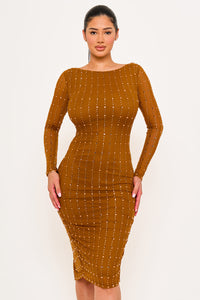 SQUARE RHINESTONE ON MESH MIDI DRESS