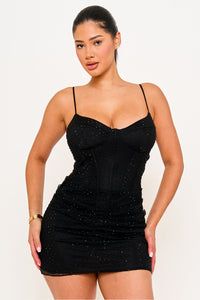 RHINESTONE ON OVERLAY MESH MINI DRESS