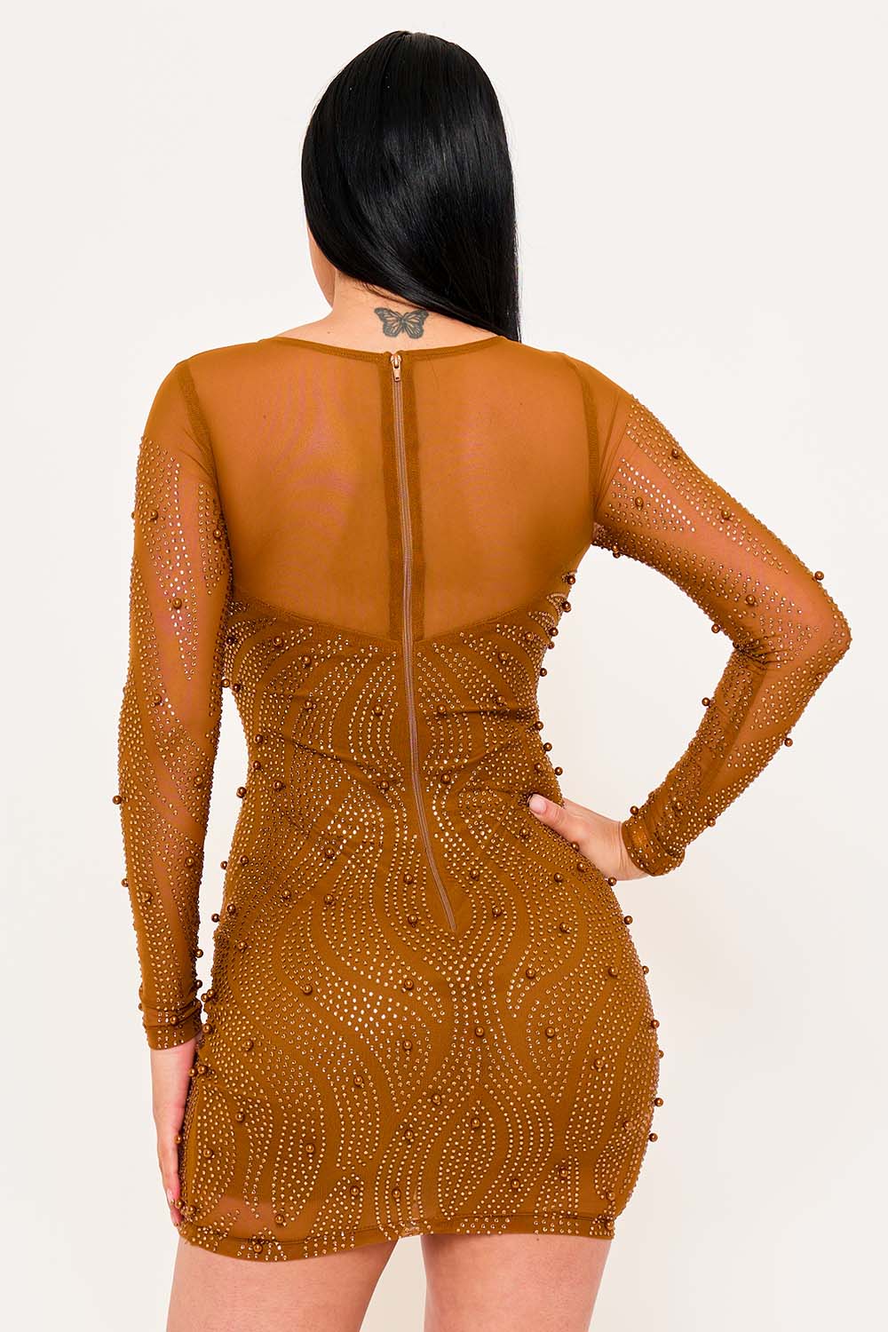 PATTERNED RHINESTONE AND PEARL ON MESH MINI DRESS