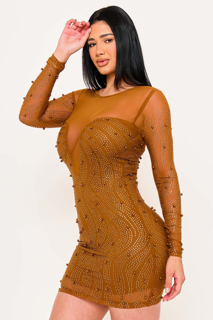 PATTERNED RHINESTONE AND PEARL ON MESH MINI DRESS
