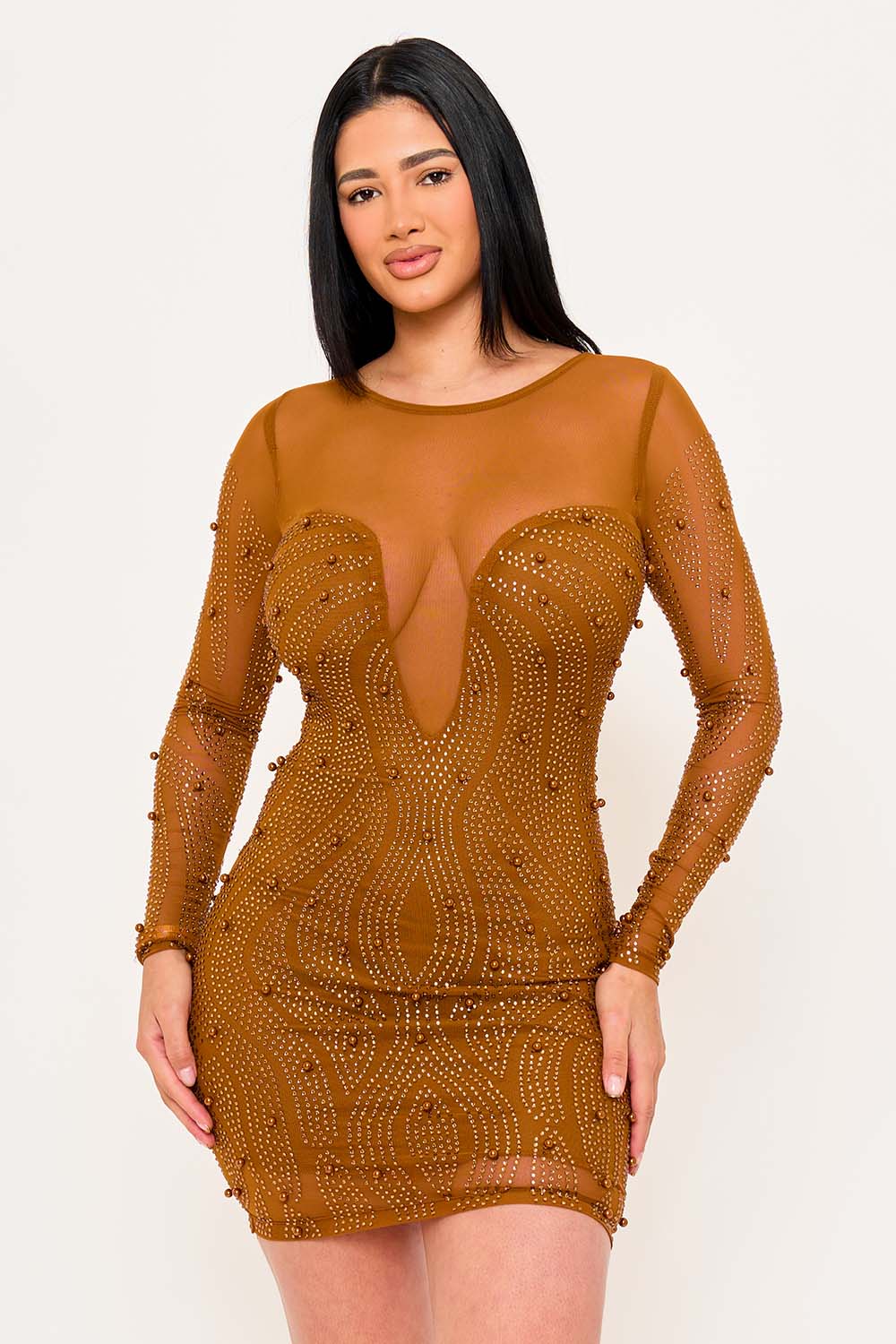 PATTERNED RHINESTONE AND PEARL ON MESH MINI DRESS