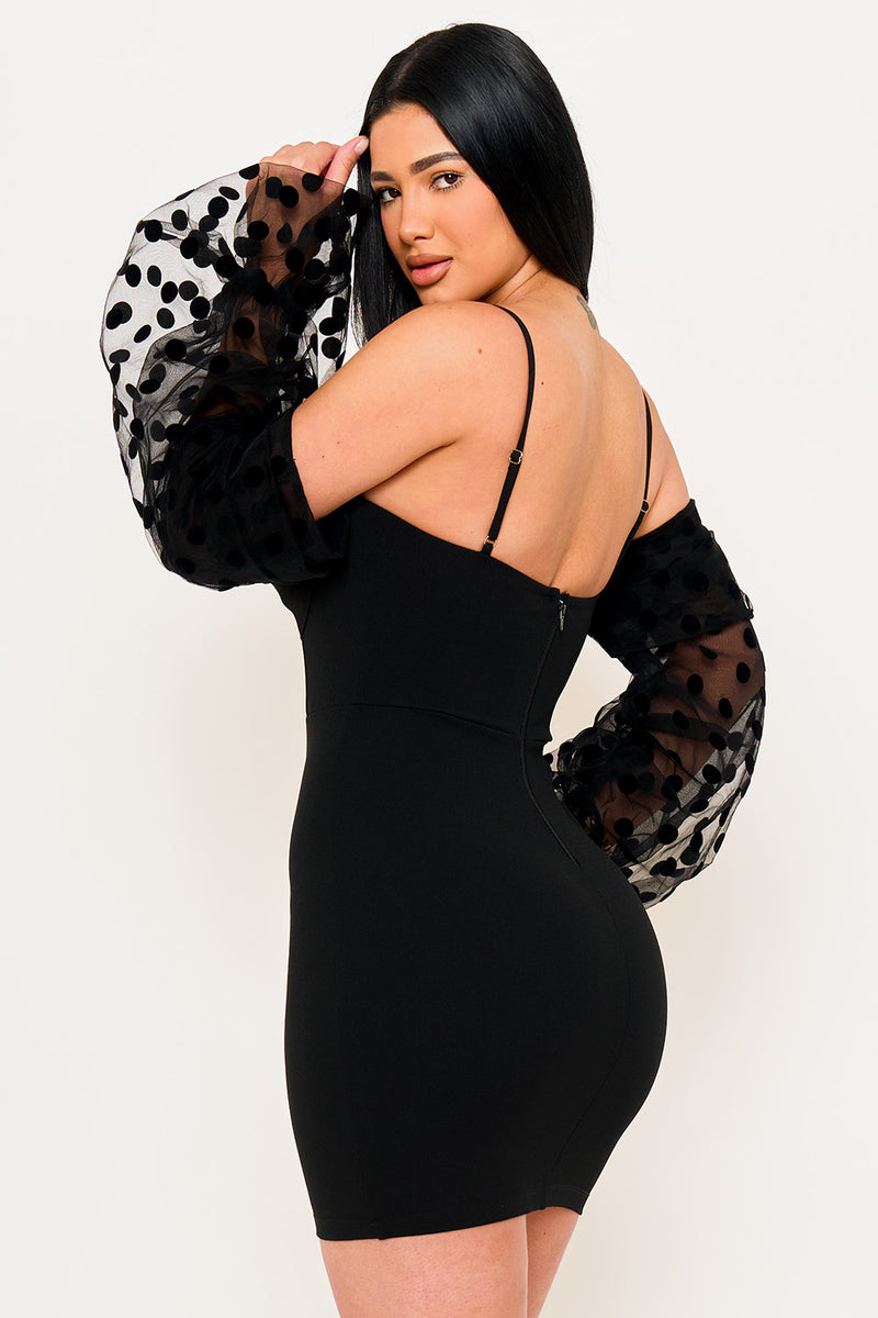 POLKADOT ON MESH LONG BALLOON SLEEVE MINI DRESS