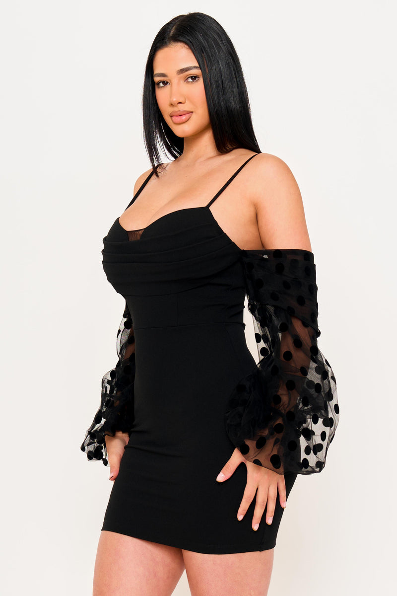 POLKADOT ON MESH LONG BALLOON SLEEVE MINI DRESS