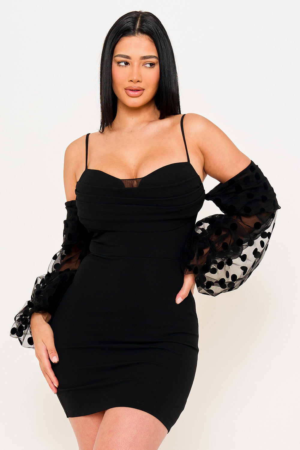 POLKADOT ON MESH LONG BALLOON SLEEVE MINI DRESS