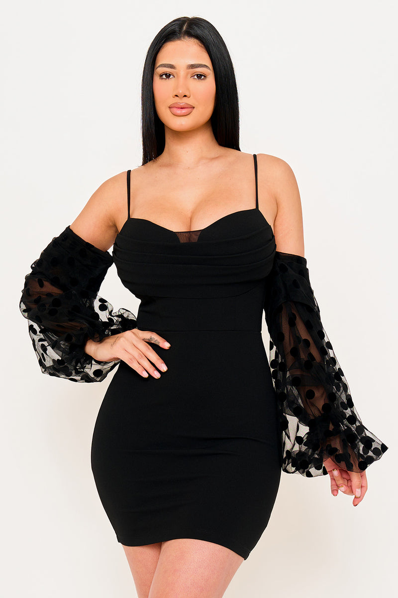 POLKADOT ON MESH LONG BALLOON SLEEVE MINI DRESS