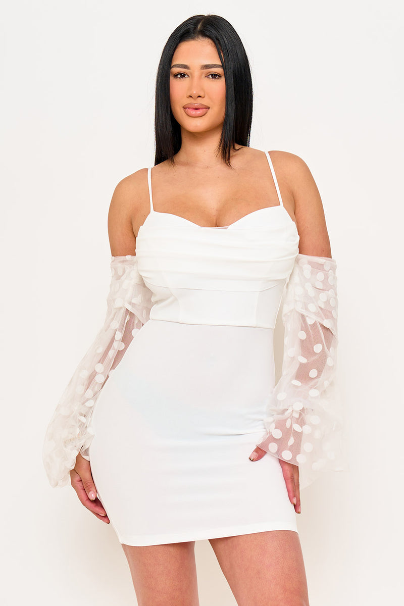 POLKADOT ON MESH LONG BALLOON SLEEVE MINI DRESS