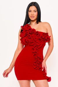 PLEATED RUFFLE ONE SHOULDER MINI DRESS