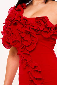 PLEATED RUFFLE ONE SHOULDER MINI DRESS