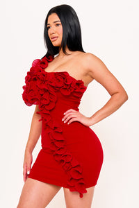 PLEATED RUFFLE ONE SHOULDER MINI DRESS