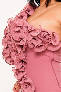 PLEATED RUFFLE ONE SHOULDER MINI DRESS