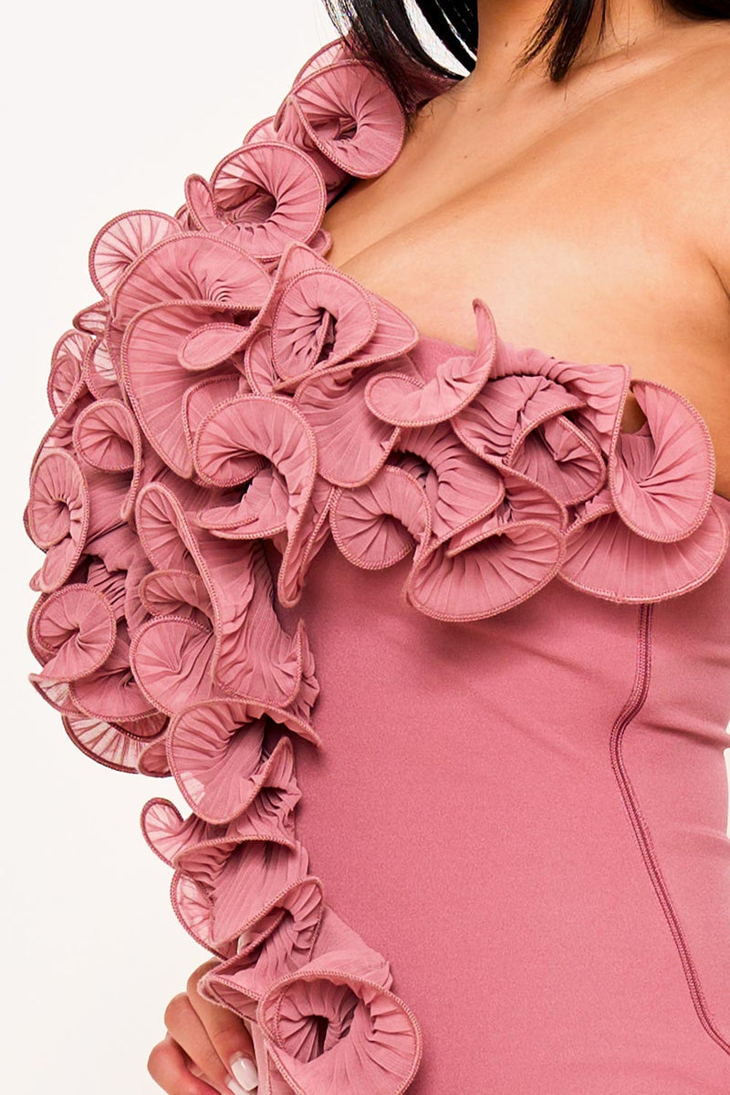 PLEATED RUFFLE ONE SHOULDER MINI DRESS