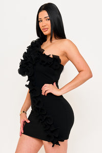 PLEATED RUFFLE ONE SHOULDER MINI DRESS