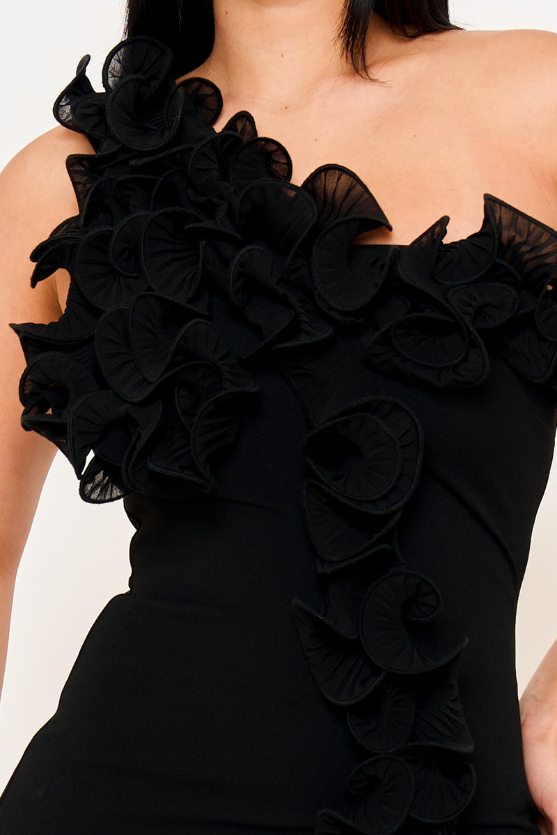 PLEATED RUFFLE ONE SHOULDER MINI DRESS