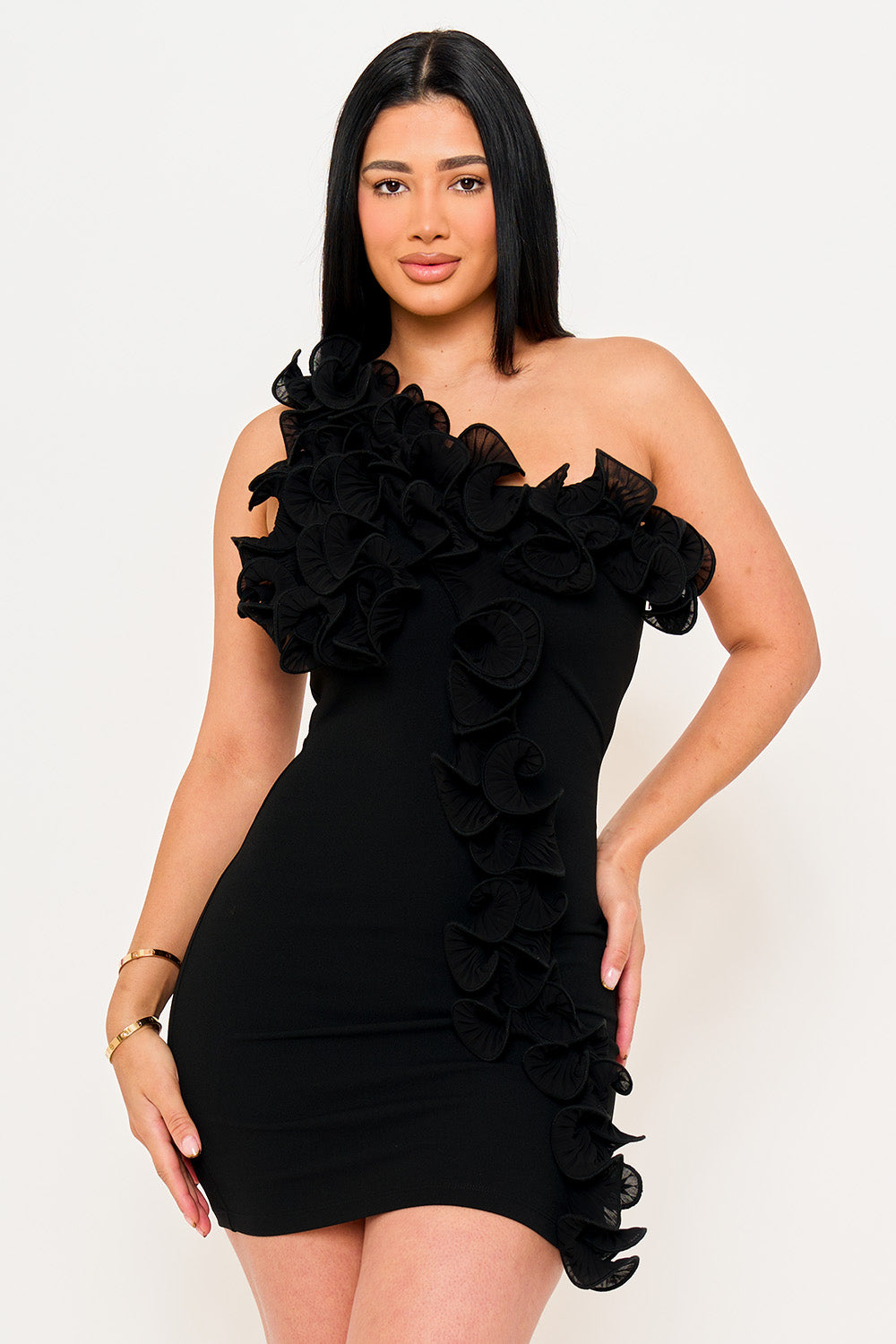 PLEATED RUFFLE ONE SHOULDER MINI DRESS