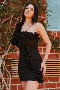 PLEATED RUFFLE ONE SHOULDER MINI DRESS