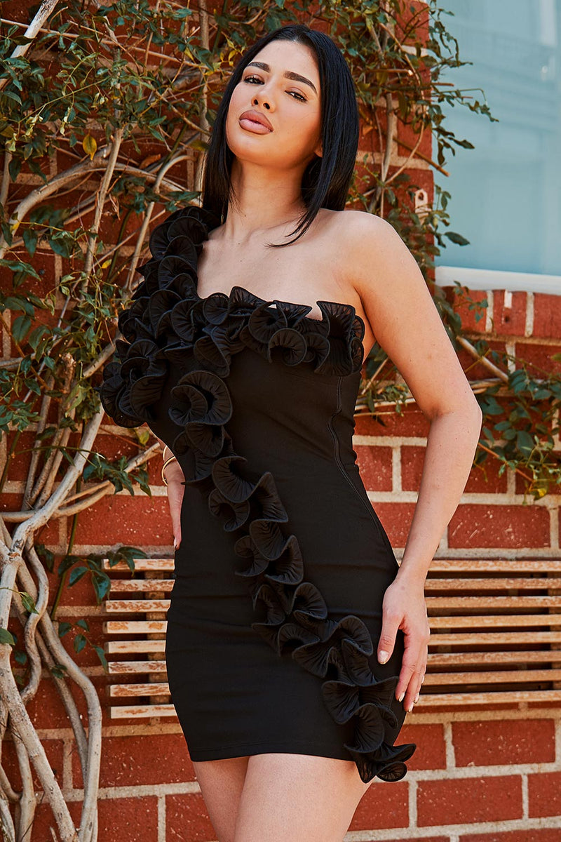 PLEATED RUFFLE ONE SHOULDER MINI DRESS
